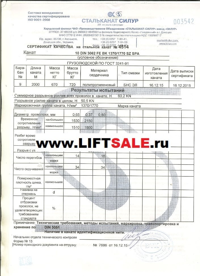 Трос - Канат d - 10,0 мм. DIN 3062 \ конструкции 8х19 (1+9+9)+1о.с. купить в "ЛИФТ СЕЙЛ"  купить в "ЛИФТ СЕЙЛ"